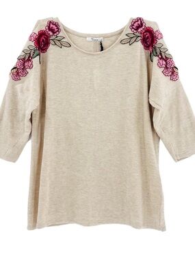 89th + Madison Oatmeal Rose Embroidered Cold Shoulder Top PL NWT